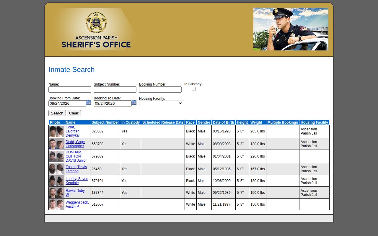 Ascension Parish jail roster and booking search interface