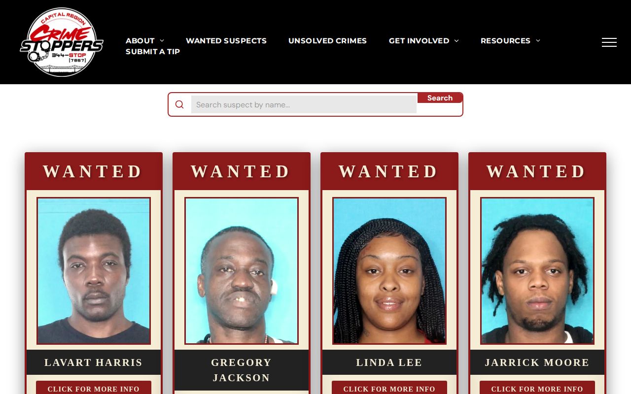 Ascension Parish most wanted records on the Capital Region Crime Stoppers interface