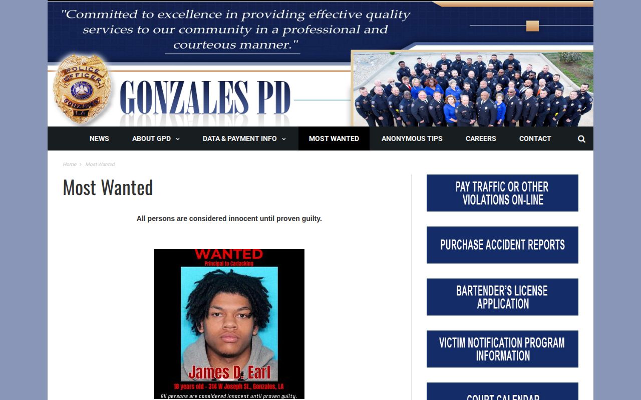 Gonzales Police most wanted records serving Ascension Parish