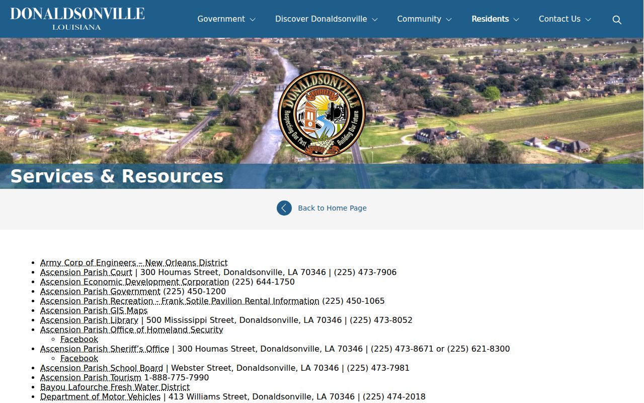 Donaldsonville services page listing Ascension Parish Sheriff services
