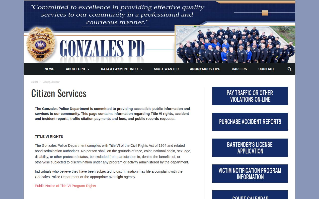Gonzales Police Department citizen services and public records page
